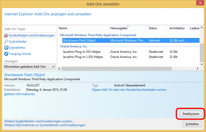 Unter Windows 8.x bringt auch der Internet Explorer einen eigenen Flash Player mit, der separat deaktiviert werden muss.