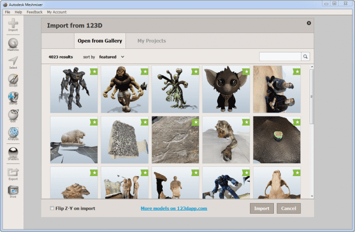 Direkt aus Meshmixer 2.8 heraus bedient man sich bei den freigegebenen 3D-Modellen aus Autodesks 123D-Online-Galerie.