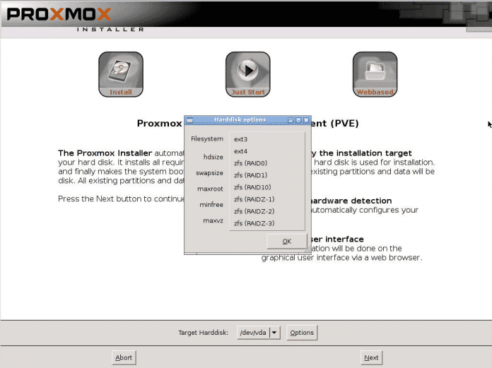 Auswahl des Dateisystems bei Proxmox