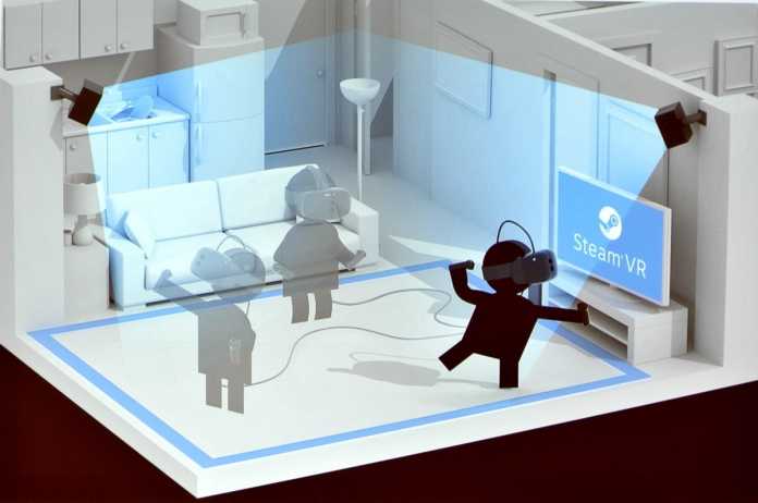 Laser-Tracker an der Vive-Brille und an den Controllern überwachen die Raumposition des Spielers und übertragen Bewegungen millimetergenau in die VR-Umgebung.