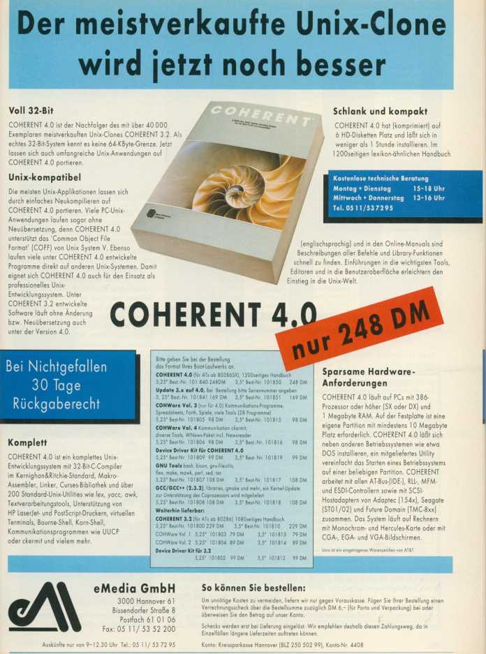 Trotz des für UNIX-Verhältnisse moderaten Preises (hier eine iX-Anzeige von 1993) konnte sich MWC mit COHERENT nicht im Markt behaupten.