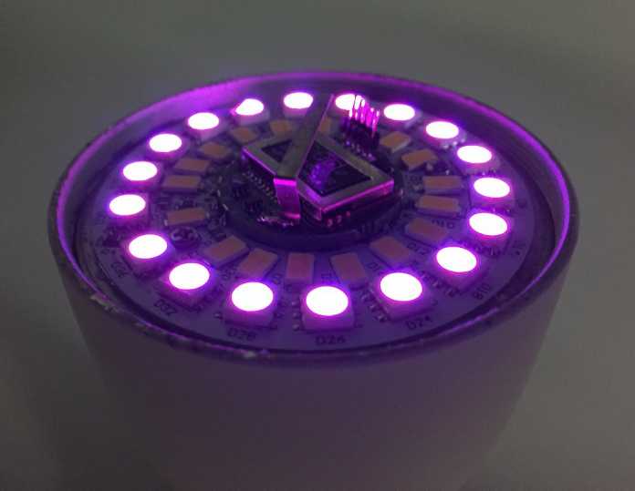 Der Prototyp der Seed Bulb hat zwei LED-Kränze: einen aus weißen LEDs einen aus RGB-LEDs. So kann die Lampe, etwa im Unterschied zu Philips' Hue, sowohl ein ordentliches Weiß produzieren als auch das volle RGB-Farbspektrum.