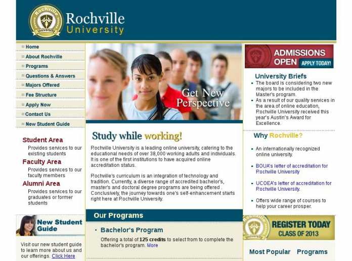 Obwohl die Zertifikate der Rochville University bereits vor Jahren als wertlos entlarvt wurden, ist die Webseite noch online.