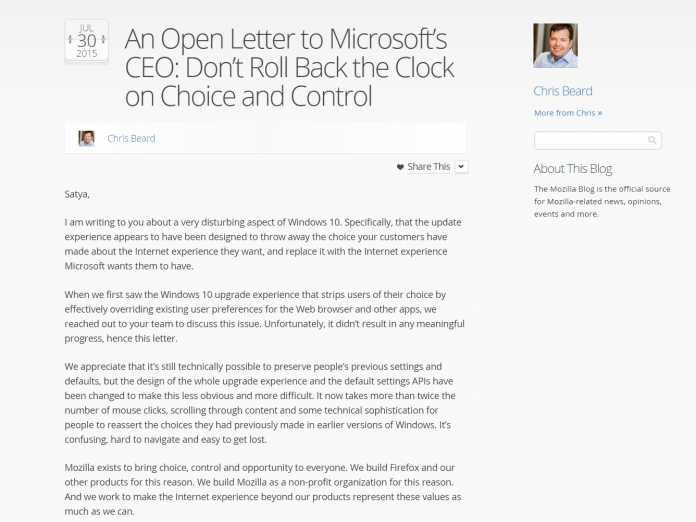 Browserkrieg: In einem offenen Brief greift Mozilla-CEO Chris Beard Microsoft an.