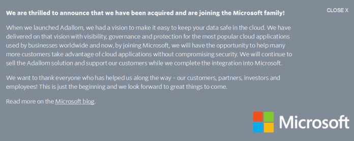 Adallom informiert die Besucher der Webseite über die Übernahme durch Microsoft.