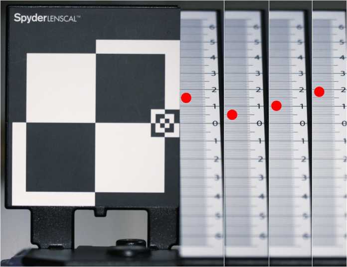 Für diese Aufnahmeserie mit dem Spyder LensCal haben wir die Sony A580 mit dem Tamron-60mm f/2-Makro verwendet. Diese Kamera-Objektivkombination zeigte einen schwachen Backfokus von durchschnittlich 1 Zentimeter.