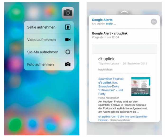 Apples 3D Touch öffnet Kontextmenüs (links) und zeigt in Apps eine Vorschau beispielsweise von E-Mails (rechts).