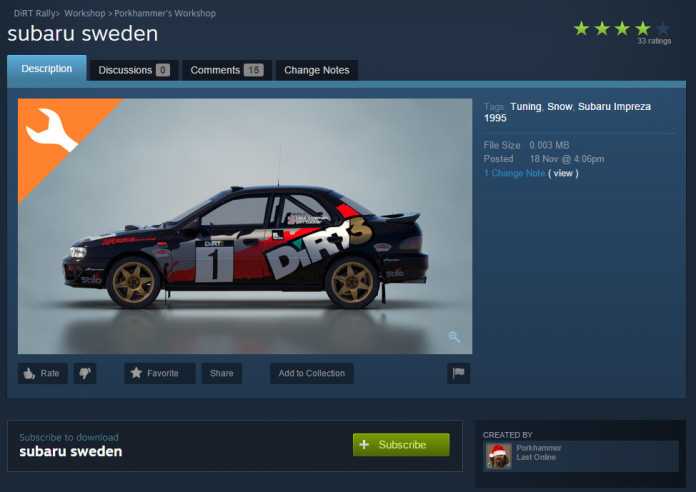 Die finale Version von Dirt Rallye erlaubt es Spielern über den Steam Workshop ihre Tuning-Profile mit anderen Spielern zu teilen.