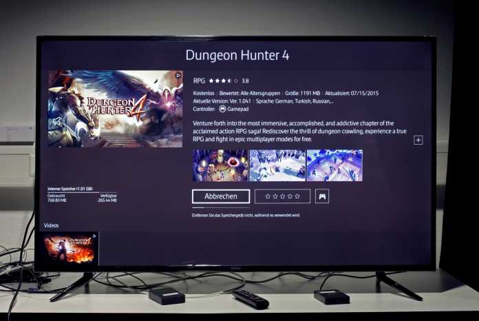 Vom Start weg sind knapp 700 MByte im TV durch vorinstallierte Apps belegt. Große Spiele wie Dungeon Hunter 4 würden aber eh nicht in den 1,01 GByte kleinen Speicher passen.
