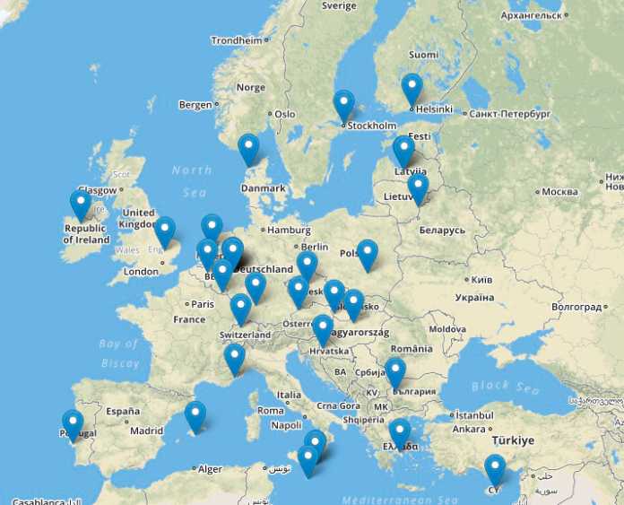 Europakarte mit markierten Standorten des Finding Europe with Lights Projekts
