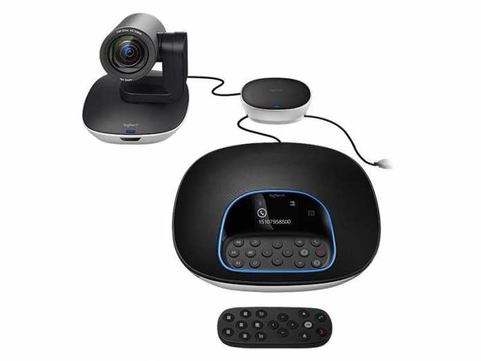 Das Videokonferenzsystem GROUP von Logitech besitzt eine per Fernbedienung schwenk- und zoombare Kamera sowie separate Mikrofone für bis zu 20 Teilnehmer.