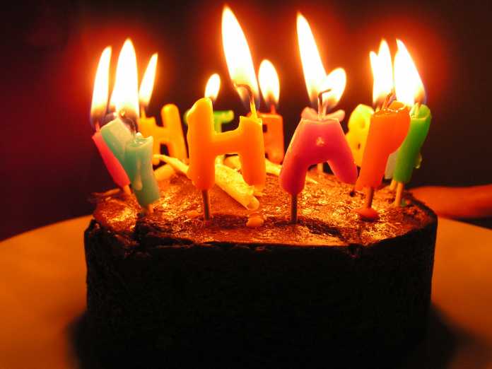 Torte mit brennenden HAPPY-Kerzen