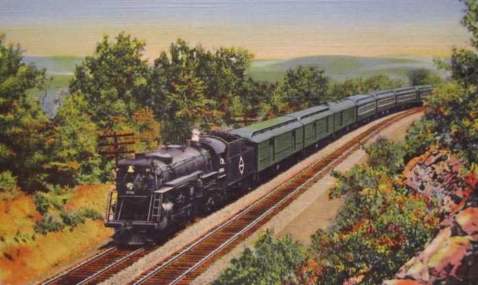 Colorierte Darstellung eines Personenzuges mit Dampflok