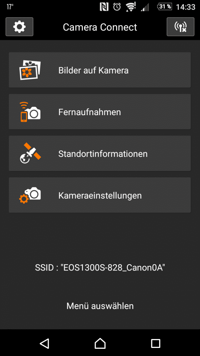 Die Camera Connect App verbindet Smartphone und EOS 1300D. Mit ihr lässt sich die Kamera unter anderem fernsteuern. Hier zu sehen ist die Android-Ansicht.