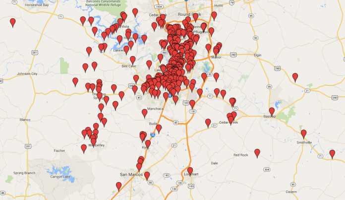 Einem einzelnen Nutzer aus Austin, Textas, per Kurz-Link auf Google Maps zuordenbare Orte: &quot;Psychatrische Kliniken, Pfandleiher und Bordelle&quot;.