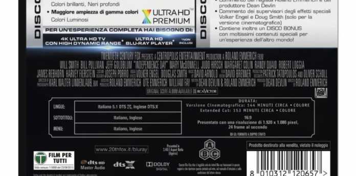 Ein Bild bei Amazon Italien, das die Rückseite der kommenden UHD-Blu-ray-Fassung von &quot;Independance Day&quot; zeigt, ließ bereits darauf schließen, dass 20th Century Fox Home Entertainment künftig Titel mit DTS:X-Ton veröffentlicht.