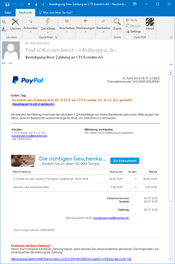 Bei der Phishing-Mail handelt es sich um die Kopie einer legitimen PayPal-Bestätigung.