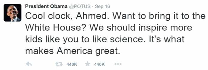 Obama-Tweet: &quot;Cool clock, Ahmed. Want to bring it to the White House? We should inspire more kids like you to like science. It's what makes America great.&quot;