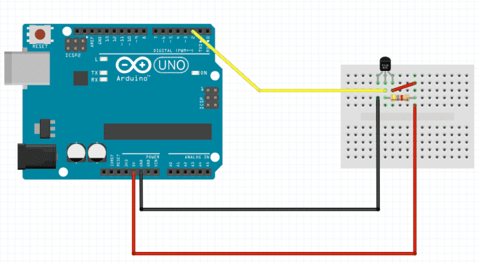 Schaltung mit Arduino Uno und Dalla-Sensor (DS18B20)