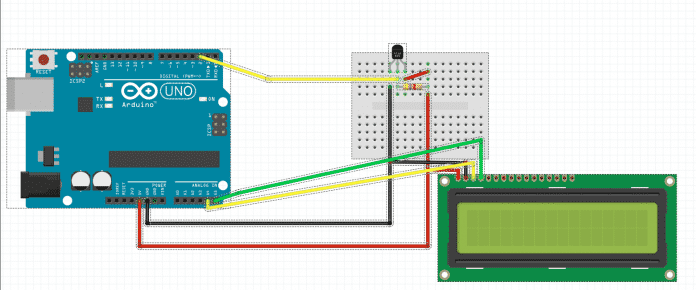 Schaltung mit I2C-Anschluss des LCD Display (rote Leitung unten = 5V, schwarze Leitung = GND, gelbe Leitung von A4 and SDA des I2C-Adapters, grüne Leitung von A5 an SCL des I2C-Adapters)