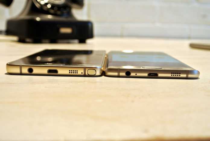 Das Note 5 mit Stift (links) ist dicker als das S6 Edge Plus mit gebogenem Display (rechts).