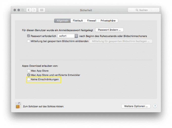 Bis hin zu OS X 10.11 können Nutzer &quot;Keine Einschränkungen&quot; für App-Downloads wählen ? diese Option fehlt derzeit in macOS 10.12