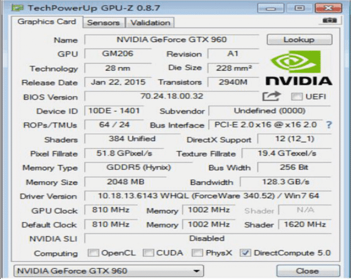 Laut Screenshot hat GPU-Z zwar eine GeForce GTX 960 erkannt, die anderen Werte passen aber nicht zu diesem Modell.