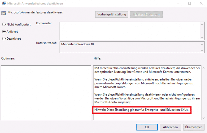 Für welche Editionen von Windows 10 eine Gruppenrichtlinie gilt, muss man im Kleingedruckten nachlesen.