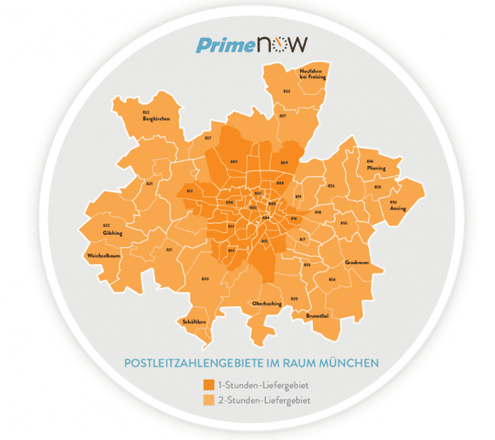 In diesen Gebieten bietet Amazon Prime Now in München an.