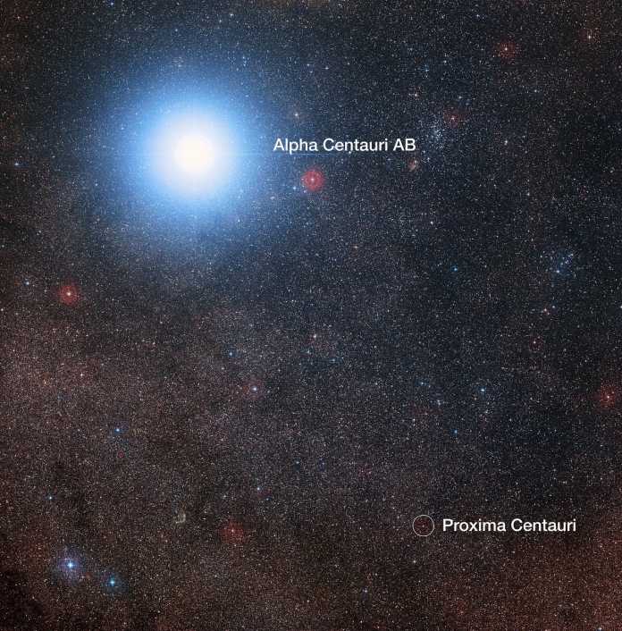 Der Himmel mit Alpha Centauri AB und  dem Roten Zwerg Proxima Centauri, dem zum Sonnensystem nächstgelegenen Stern.