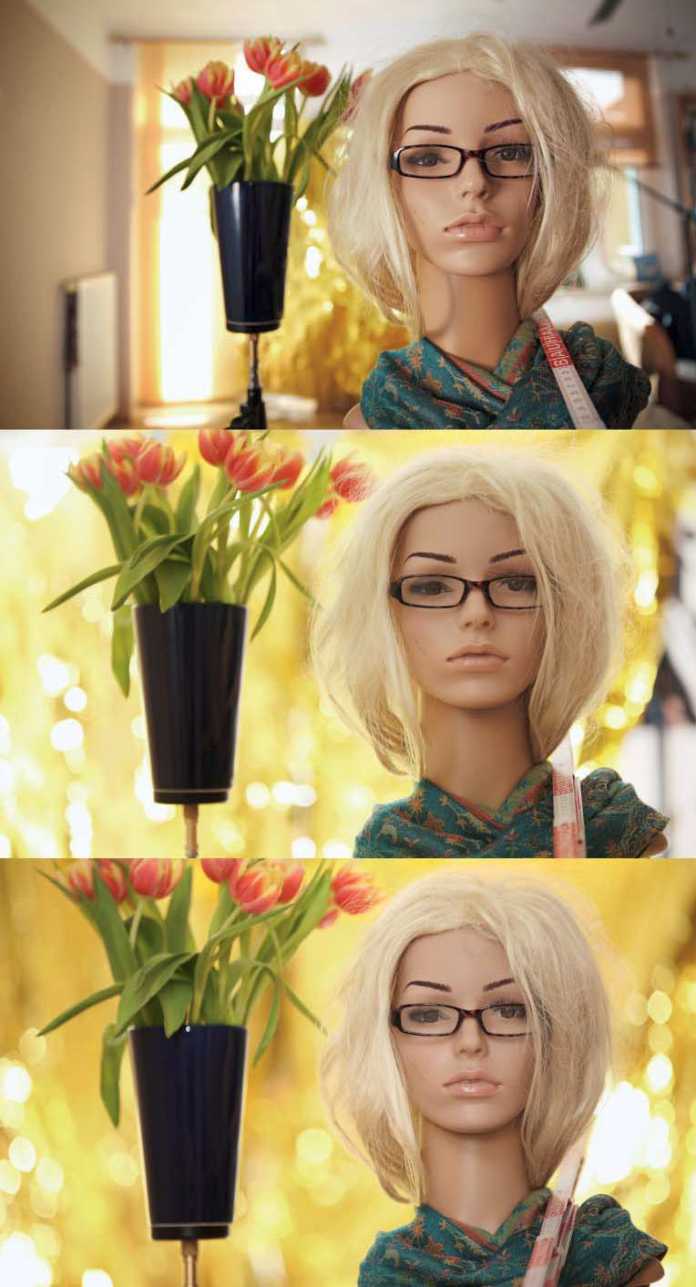 Aufnahmen mit Brennweite 24 mm, 70 mm und 200 mm, mit veränderter Gegenstandsweite für einen gleichen Bildinhalt in der Schärfezone (Blende konstant f/2.8). Die Schärfentiefe ist bei den drei Aufnahmen nahezu gleich, aber die Perspektive ändert sich. Der Hintergrund wird mit zunehmender Brennweite vergrößert, und damit wachsen auch die Zerstreuungskreise.