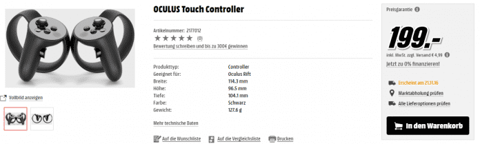 Auf der Media-Markt-Website gab es heute kurzzeitig sehr konkrete Details zu Oculus Touch zu sehen.