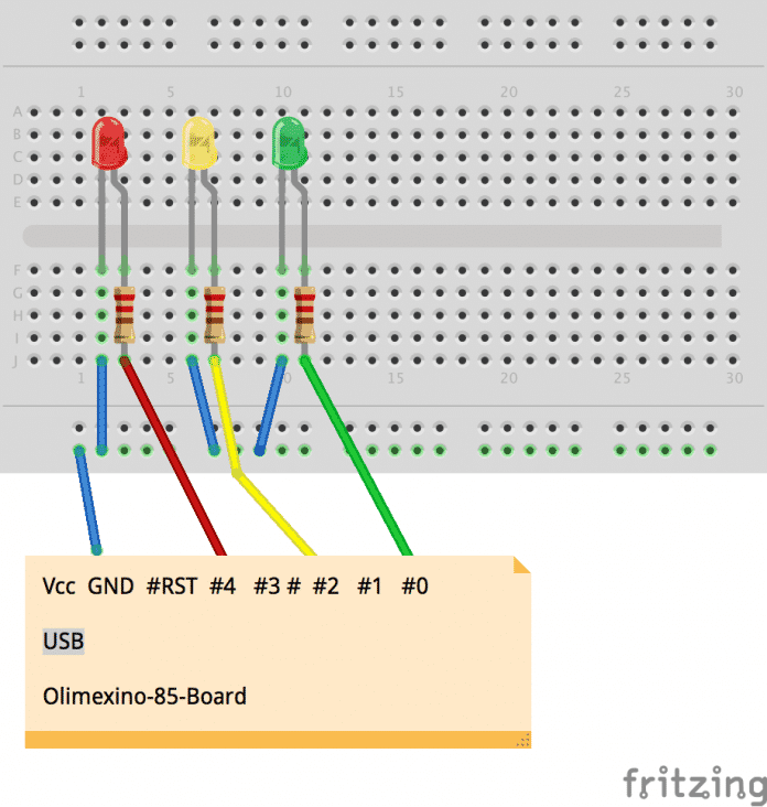 Einfache Ampelschaltung mit OLIMEXINO-85 (Board schematisch dargestellt)
