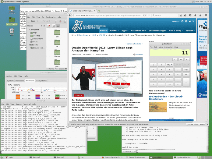 Arbeitstauglich: FreeBSD 11 ist trotz notwendiger Handarbeit recht schnell in einen Arbeitsplatz-PC zu verwandeln, der neben dem MATE-Desktop (im Bild) auch Gnome3, KDE4 oder Xfce4 und weitere Desktops bietet.