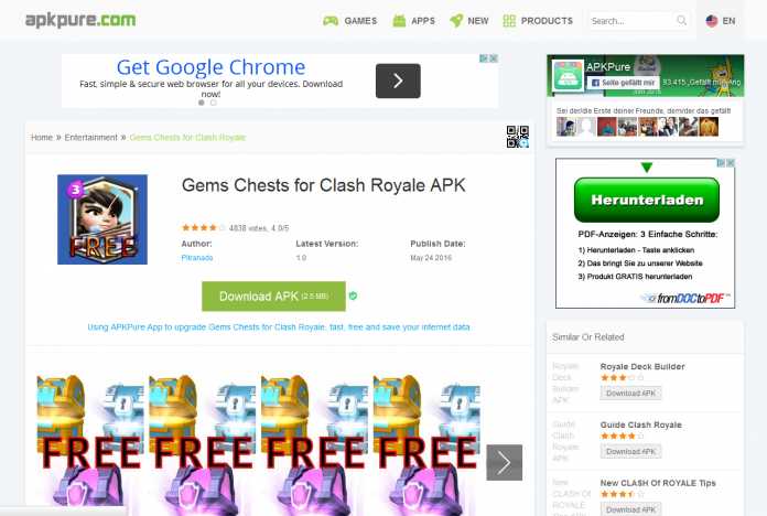 Vorsicht: Noch immer  ist Gems Chests für Clash Royale aka Calljam in vielen alternativen App-Stores verfügbar.