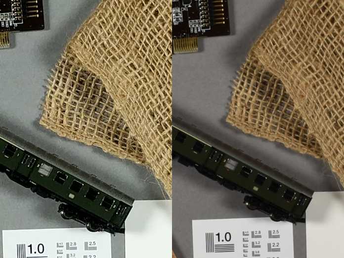 100-Prozent-Ausschnitt bei ISO 100: Links zeigt das Google Pixel sein Können an der c't Testszene, rechts daneben sehen Sie die D3400 mit ihrem Kit-Objektiv (skaliert). Das Pixel-Smartphone zeigt eine heftige interne Bearbeitung, dagegen wirken die Fotos der Spiegelreflexkamera regelrecht zurückhaltend.
