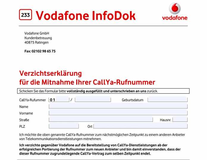 Portierungserklärung bei Vodafone