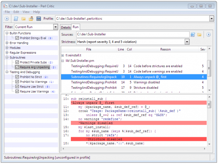 PerlCritic prüft einzelne Dateien oder ganze Projekte gegen eine vorher festgelegte Policy