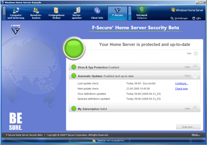 F-Secures Antivirenlösung klinkt sich sauber in die Windows-Home-Server-Konsole ein.
