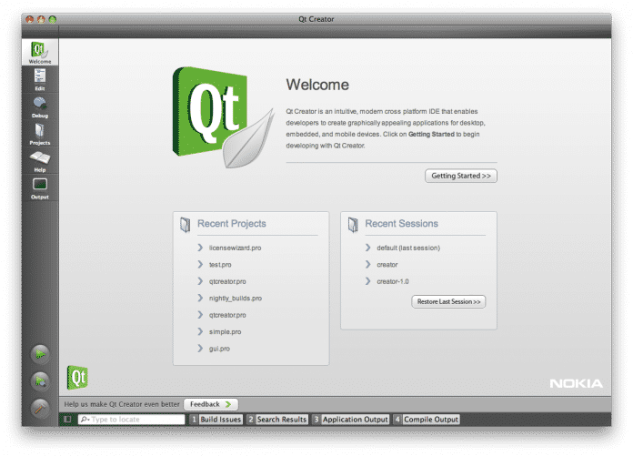 Welcome Screen von Qt Creator
