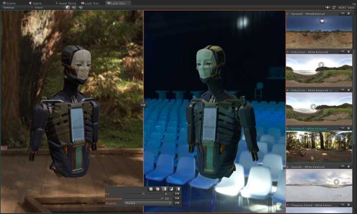 Look Dev zeigt Modelle mit unterschiedlicher Beleuchtung als HDR-Bilder an.