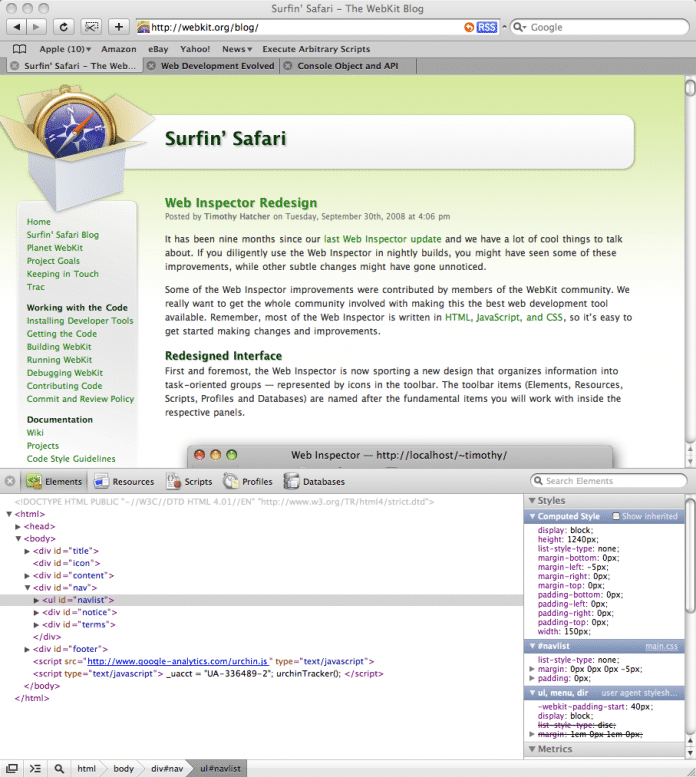 Die Webkit-Seite im Web Inspector