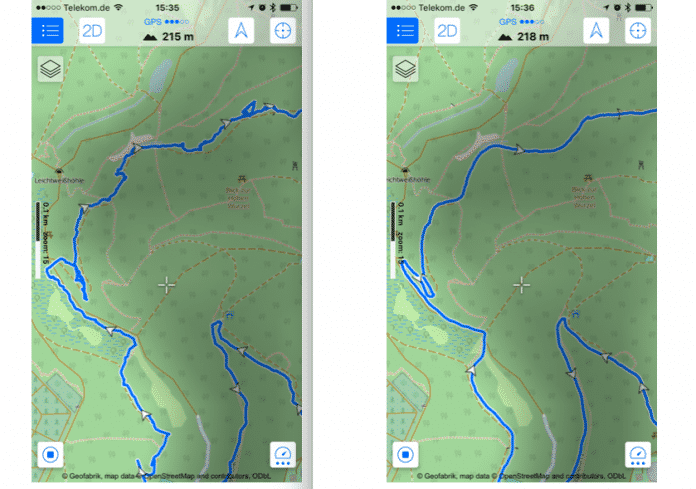 Der vom iPhone 7 erfasste Streckenverlauf (links) im Vergleich mit der Aufzeichnung einer GPS-Uhr (rechts).