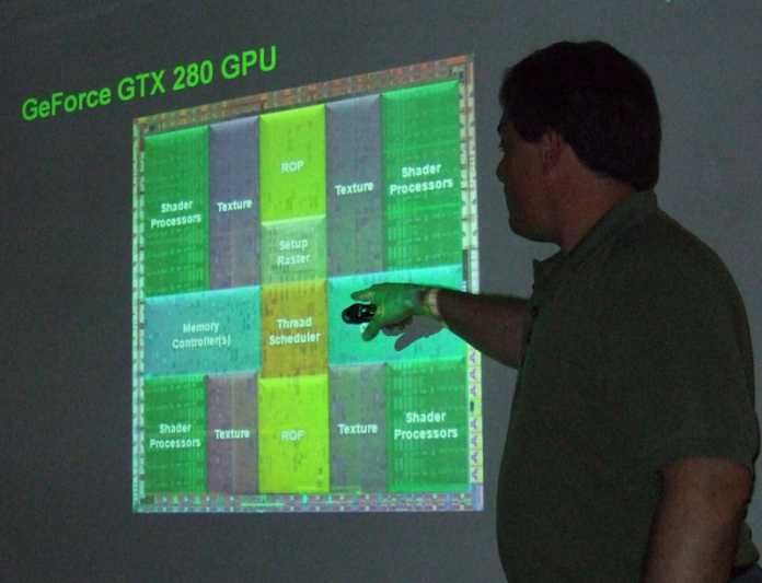GPU-Architekt Tony Tamasi hat fast die Hälfte der GTX-280-Chipfläche mit den 240 Rechenkernen belegt.