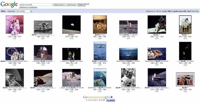 Die Eingabe von &quot;Apollo source:life&quot; führt bei Google derzeit zu rund 200 Bildern.