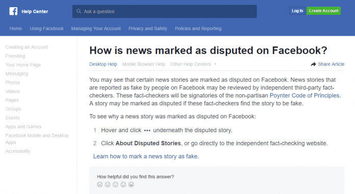 Auf einer Hilfeseite erklärt Facebook, wie es &quot;Disputed News&quot; bewertet und kennzeichnet.