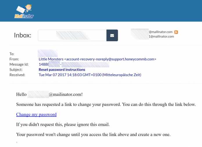 E-Mail zum Little-Monsters-Passwort-Reset im Mailinator-Konto