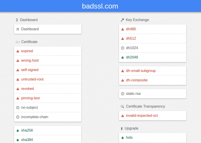 BadSSL.com liefert Web-Seiten, die bewusst Fehlermeldungen etwa zu ungültigen Zertifikaten erzeugen.