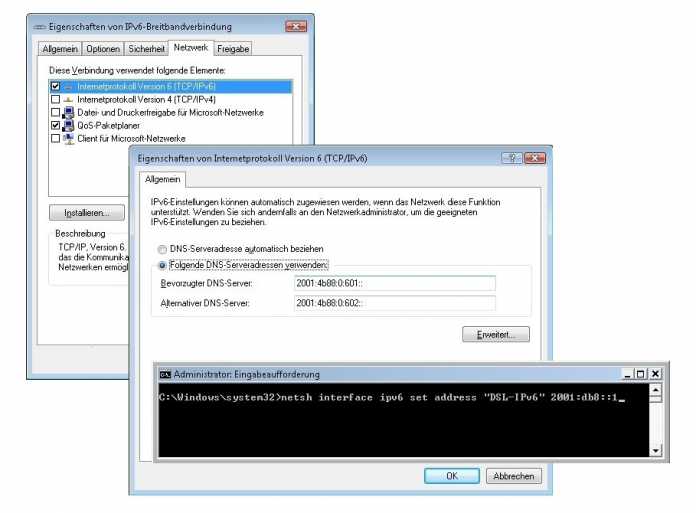 Die Vista-Dialoge für eine IPv6-Einwahlverbindung nehmen lediglich die Adressen der DNS-Server entgegen. Routing und lokale Adresse legt man per Kommandozeile fest.