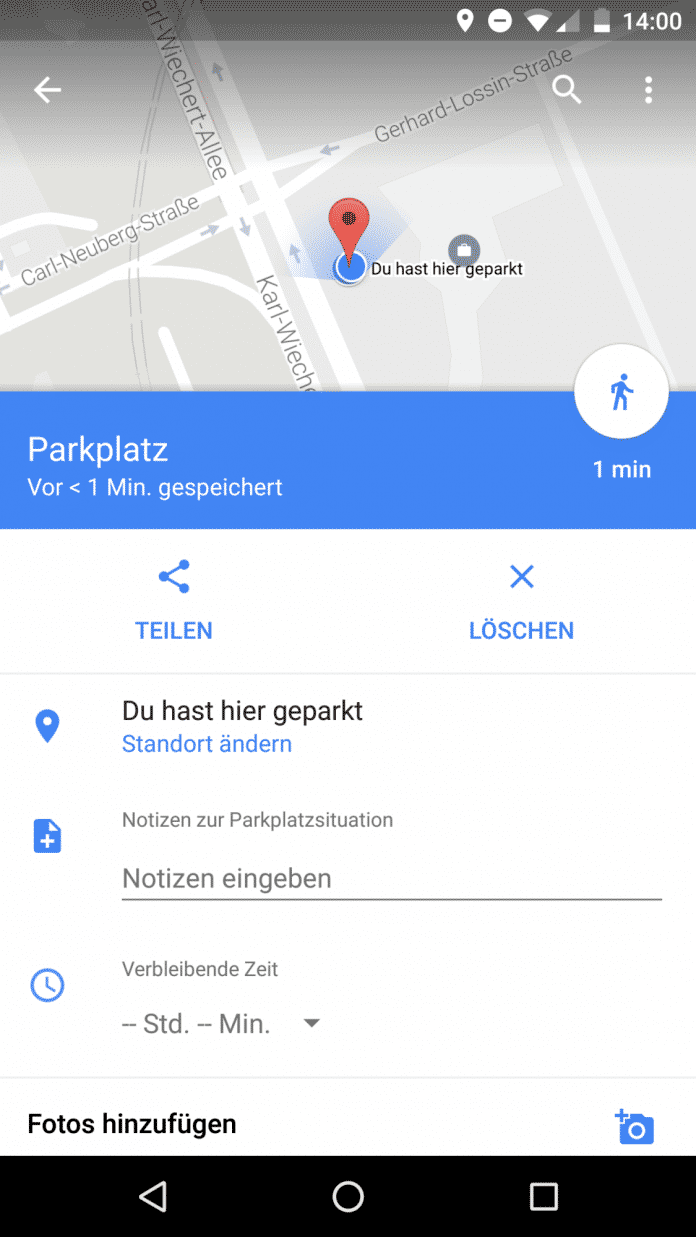 Auf Wunsch merkt sich Google Maps, wo das Auto steht. Die App warnt außerdem vor einer ablaufenden Parkuhr.